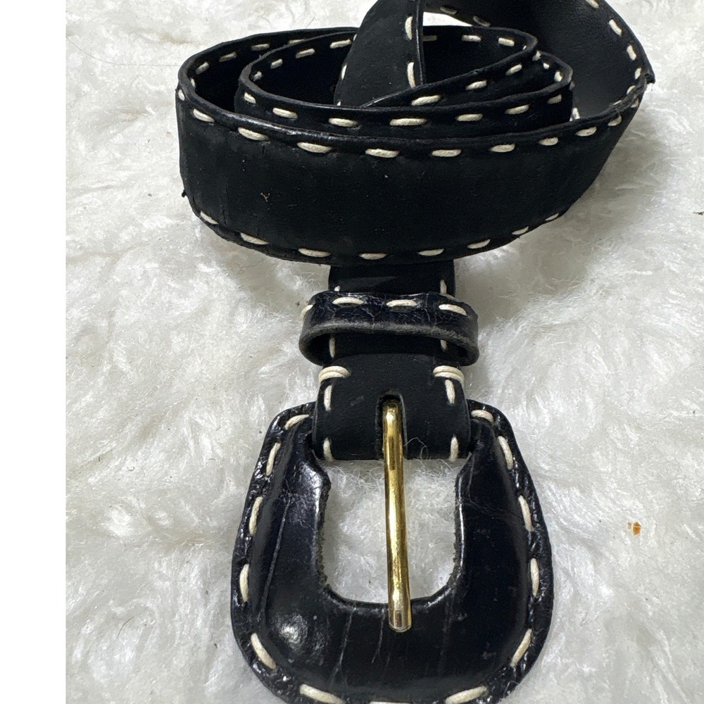 Unbranded Belt Women 27-31 Western Black White Whipstitch Gold Buckle Excellent